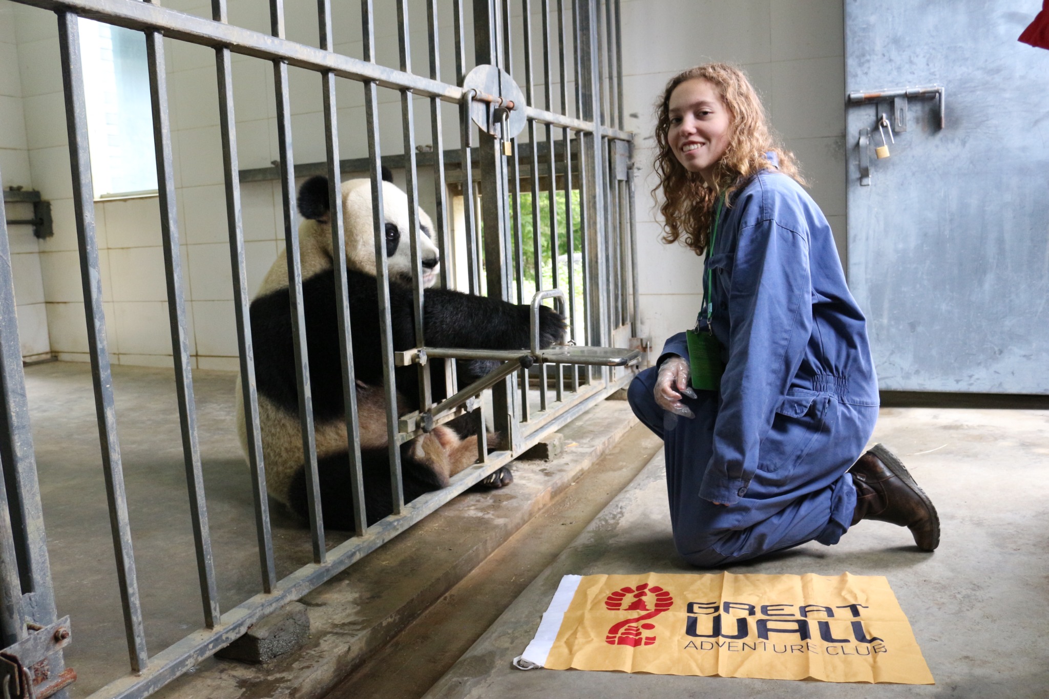 Traveler kneeling beside a giant panda enclosure