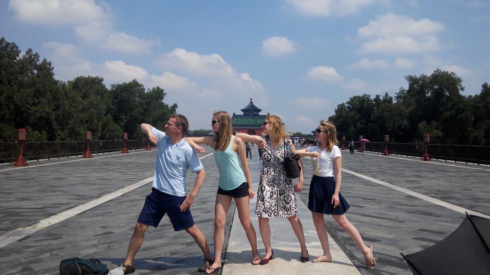 Four travelers posing playfully on a broad walkway at the Temple of Heaven